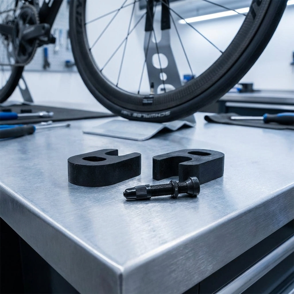 Schwalbe Ventilschlüssel und Ventilverlängerung auf Werkbank, Fahrradrad im Hintergrund.