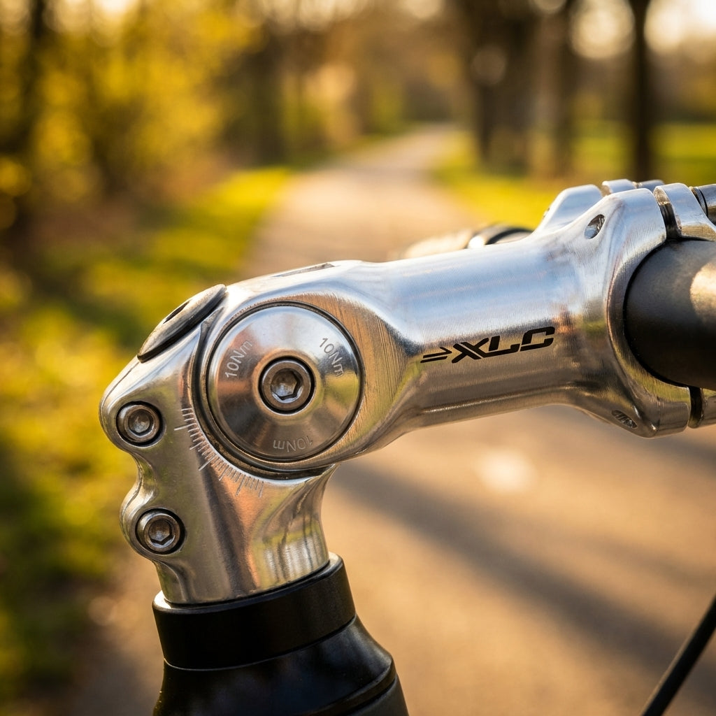 XLC Vorbau ST-T02 Alu silber 120mm für 1 1/8" Gabel, Detailansicht auf Fahrradweg.