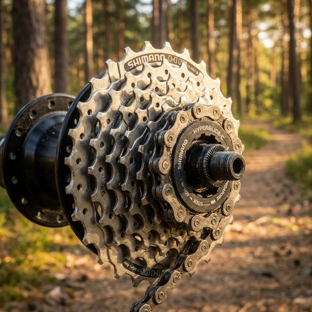 SHIMANO Acera CS-HG41 8-fach Kassette 11-32 Zähne am Mountainbike im Wald.