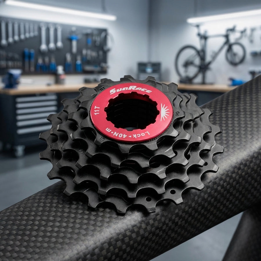 SunRace 11-fach schwarze Kassette mit rotem Lockring, 11-13-15 Zähne, auf Carbon-Fahrrad.