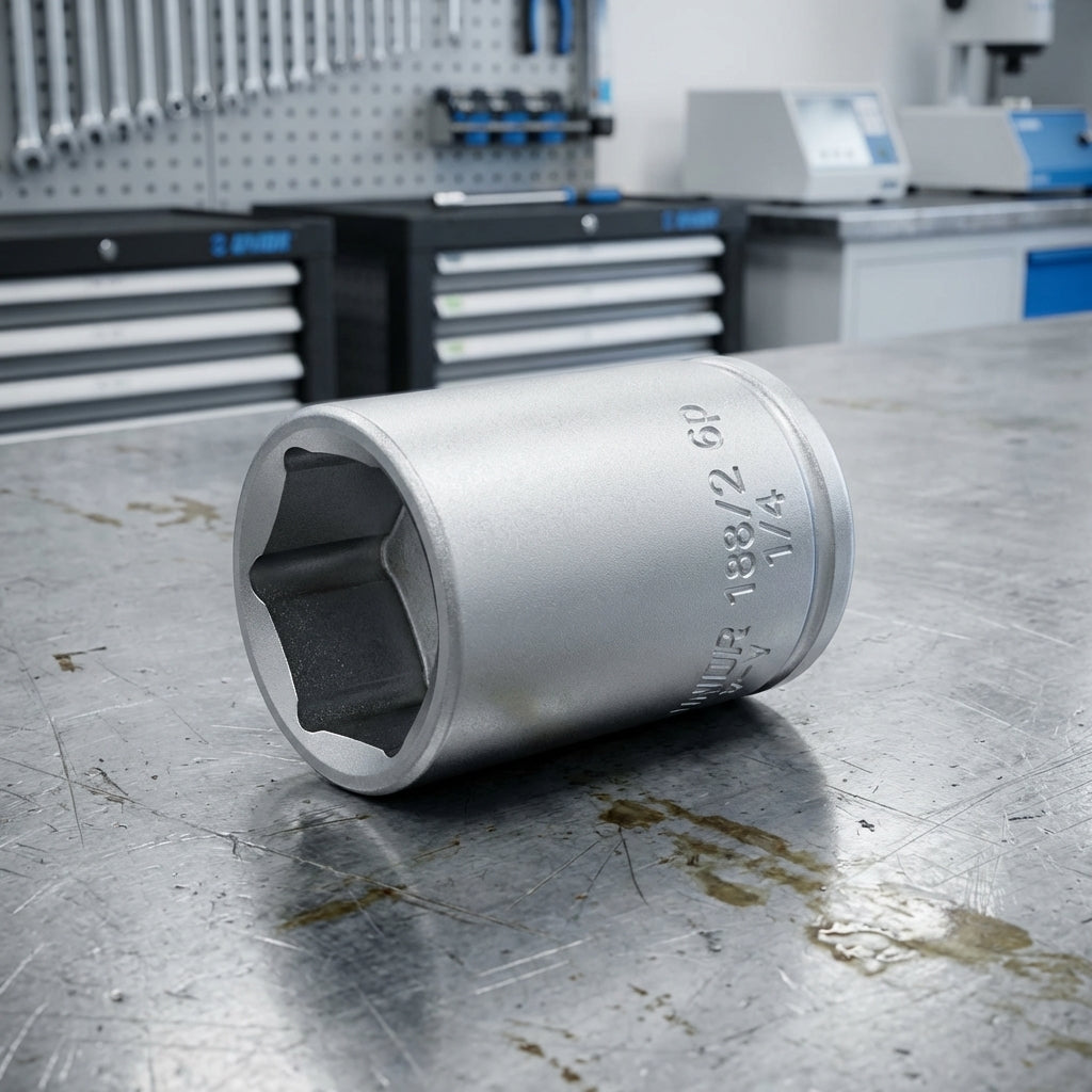 Unior Sechskantsteckschlüssel 1/4 Zoll 14mm 188/2 6p auf Werkbank. Hochwertiges Werkzeug für Werkstatt und Fahrradreparatur.