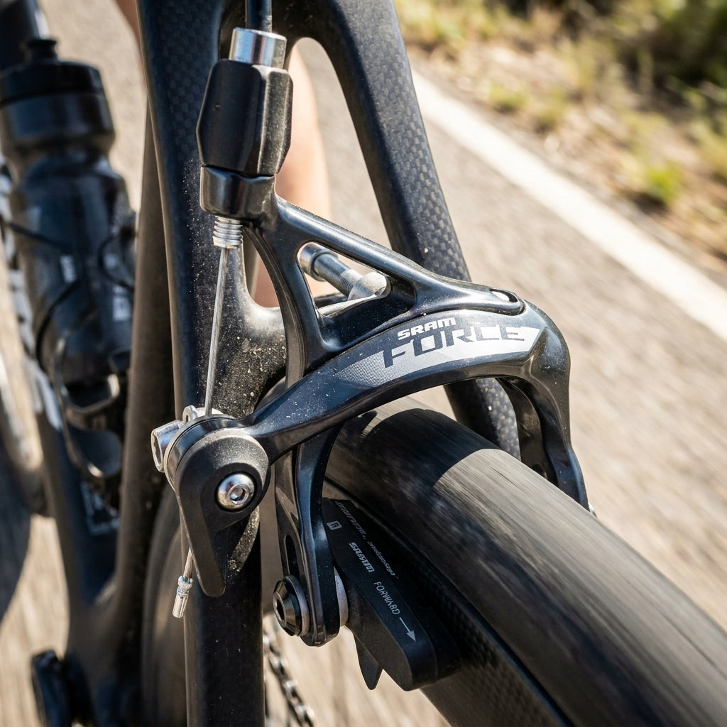 SRAM Force AXS Rennrad Felgenbremse hinten mit SwissStop Belägen am Carbonrad in Fahrt.