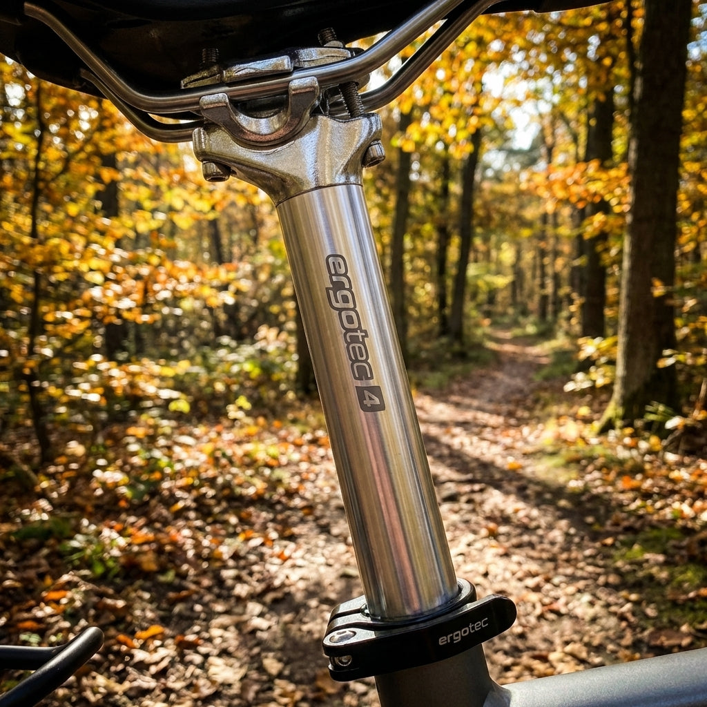 Ergotec Patent Sattelstütze Atar 550 31,6 x 550 mm silber Alu am Rad im Herbstwald.