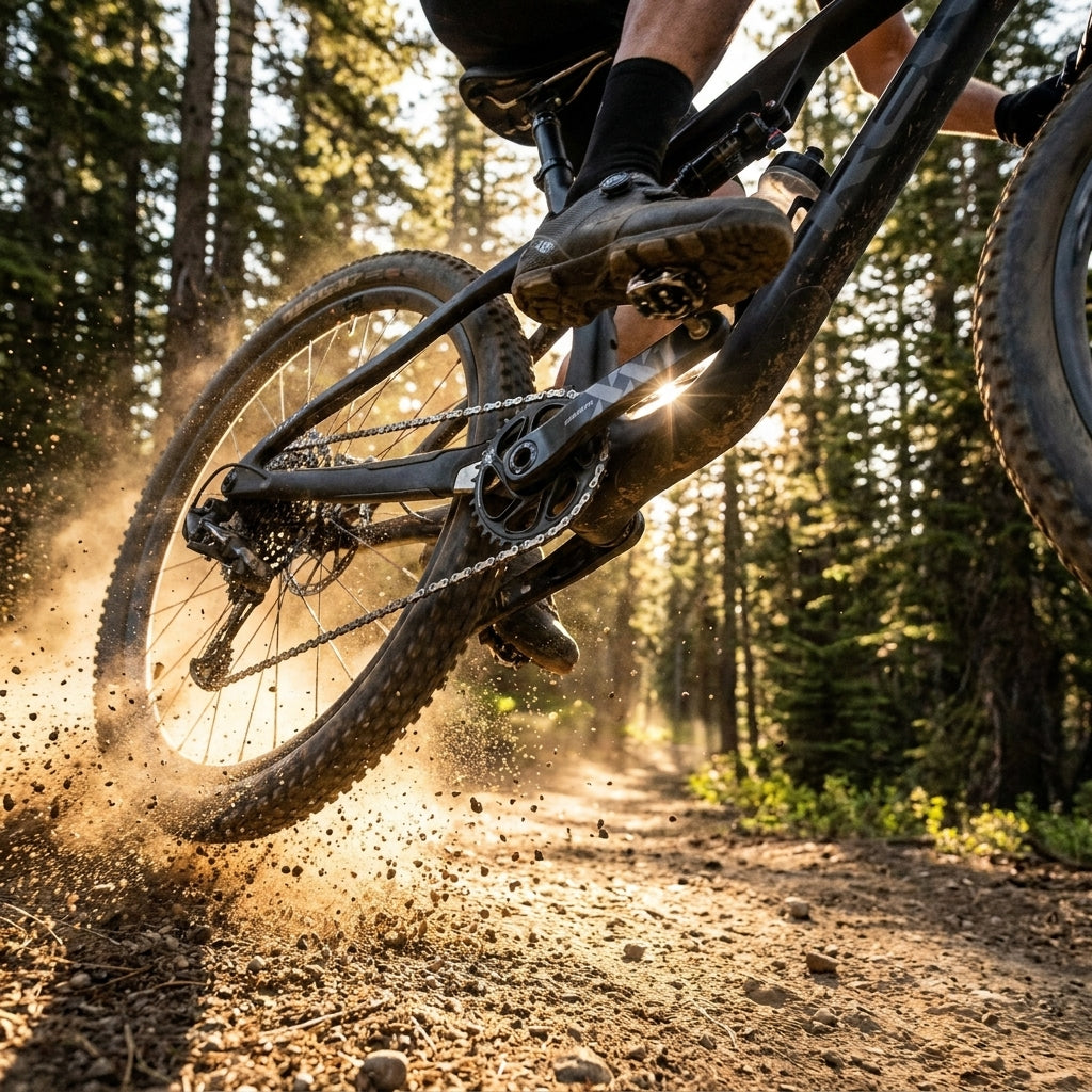 SRAM XX1 Eagle DUB Kurbelgarnitur am Mountainbike auf staubigem Waldtrail im Sonnenlicht, Rad wirbelt Erde auf.