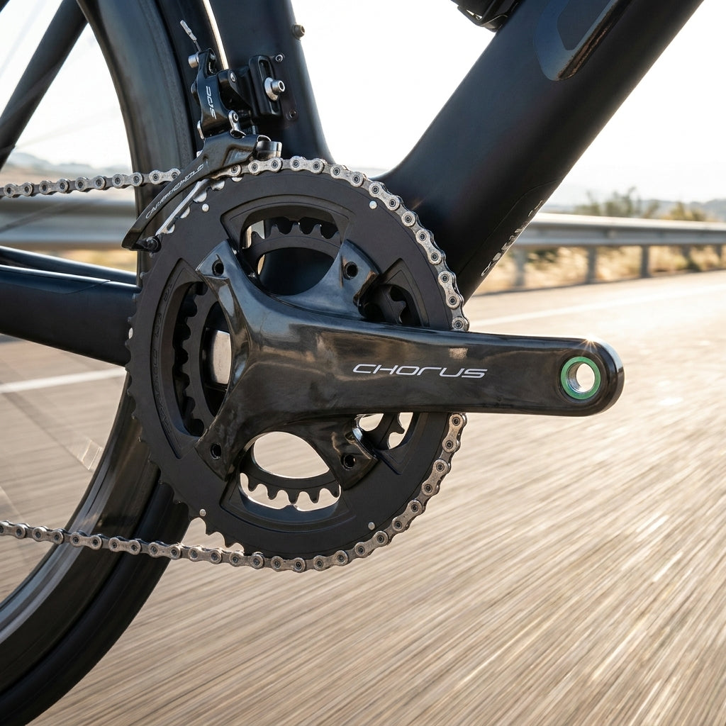 Campagnolo Chorus 12-fach Kurbelgarnitur mit Kette und Umwerfer an einem Fahrrad in Bewegung auf der Straße.
