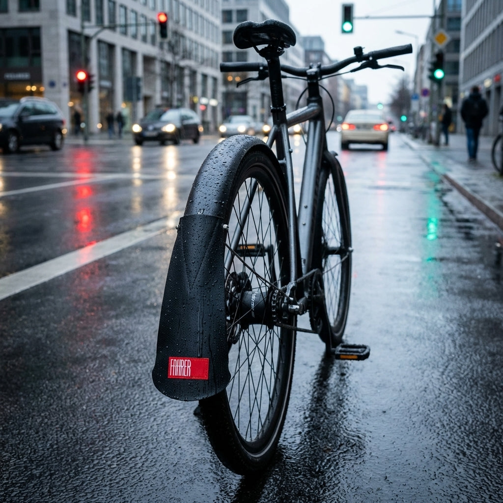 Fahrer Spritzlappen Latz Urban schwarz am Fahrrad auf nasser Straße, bietet sauberen Schutz vor Spritzwasser.