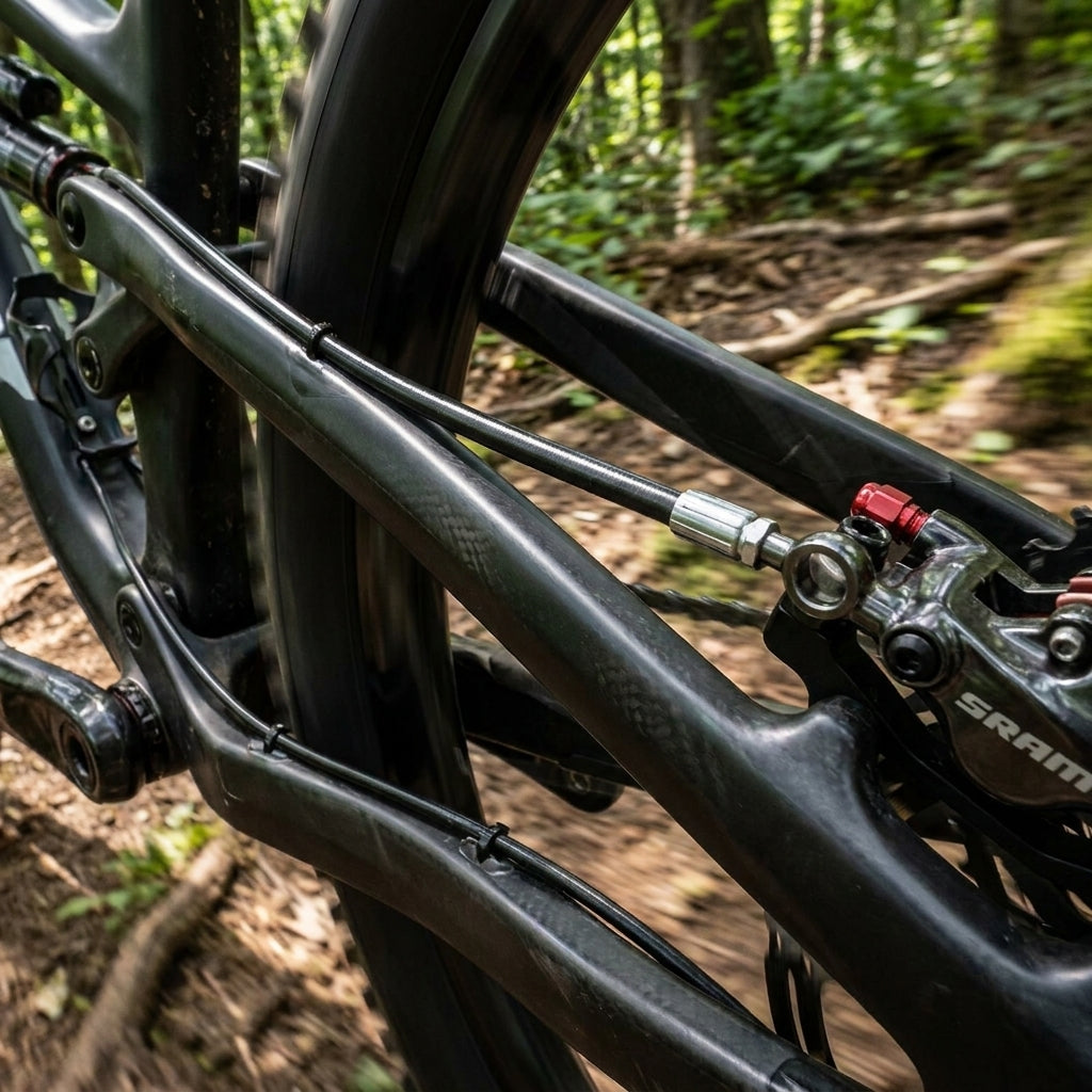 SRAM Hydraulikleitung und Bremse am Mountainbike-Hinterrad für präzise Bremsperformance auf dem Trail.