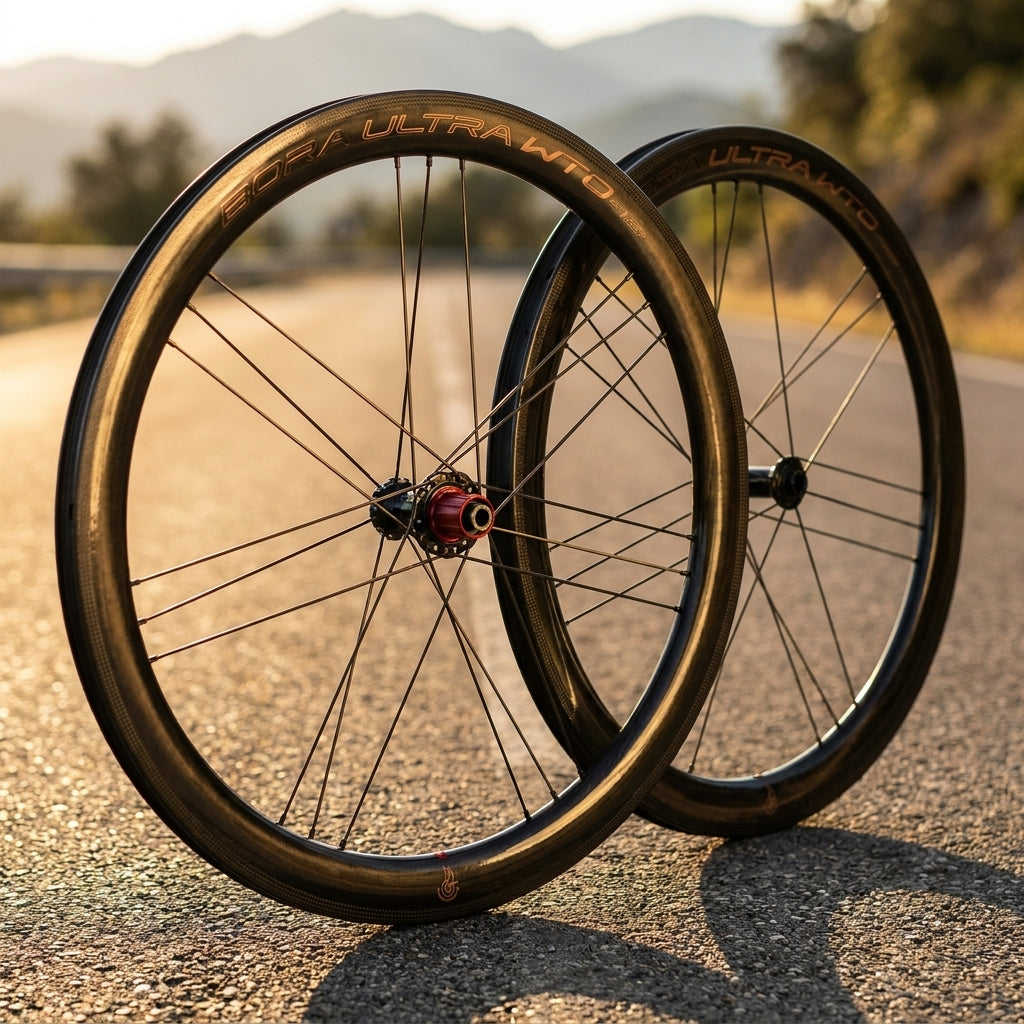 Zwei Campagnolo Bora Ultra WTO DB 45 Carbon Laufräder für Rennräder, auf sonniger Asphaltstraße vor Bergkulisse.