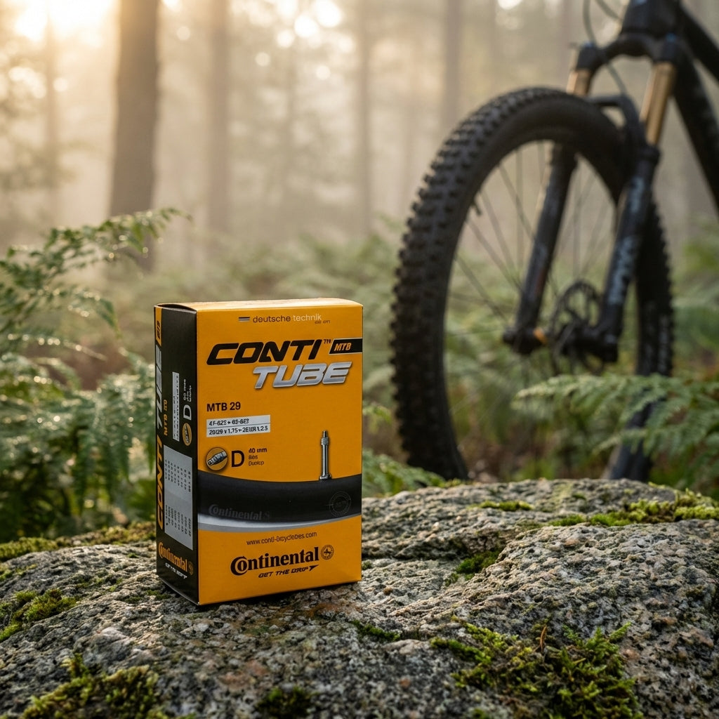 Continental MTB 29 Zoll Fahrradschlauch mit 40mm Dunlopventil auf Felsen im Wald, Butyl für Pannenschutz.