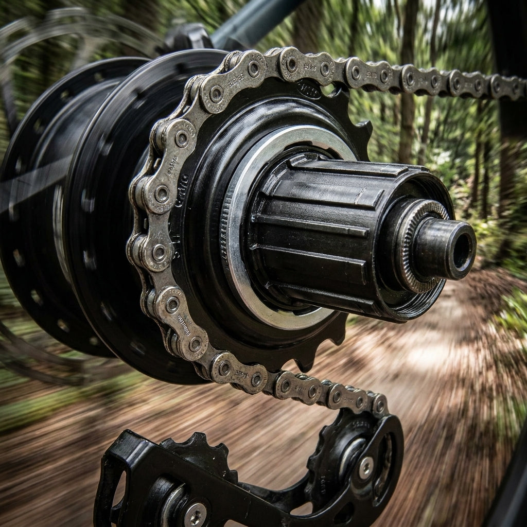 KMC Ritzel 17 Zähne Shimano E-Bike mit Fahrradkette am Hinterrad in Bewegung auf Waldweg.
