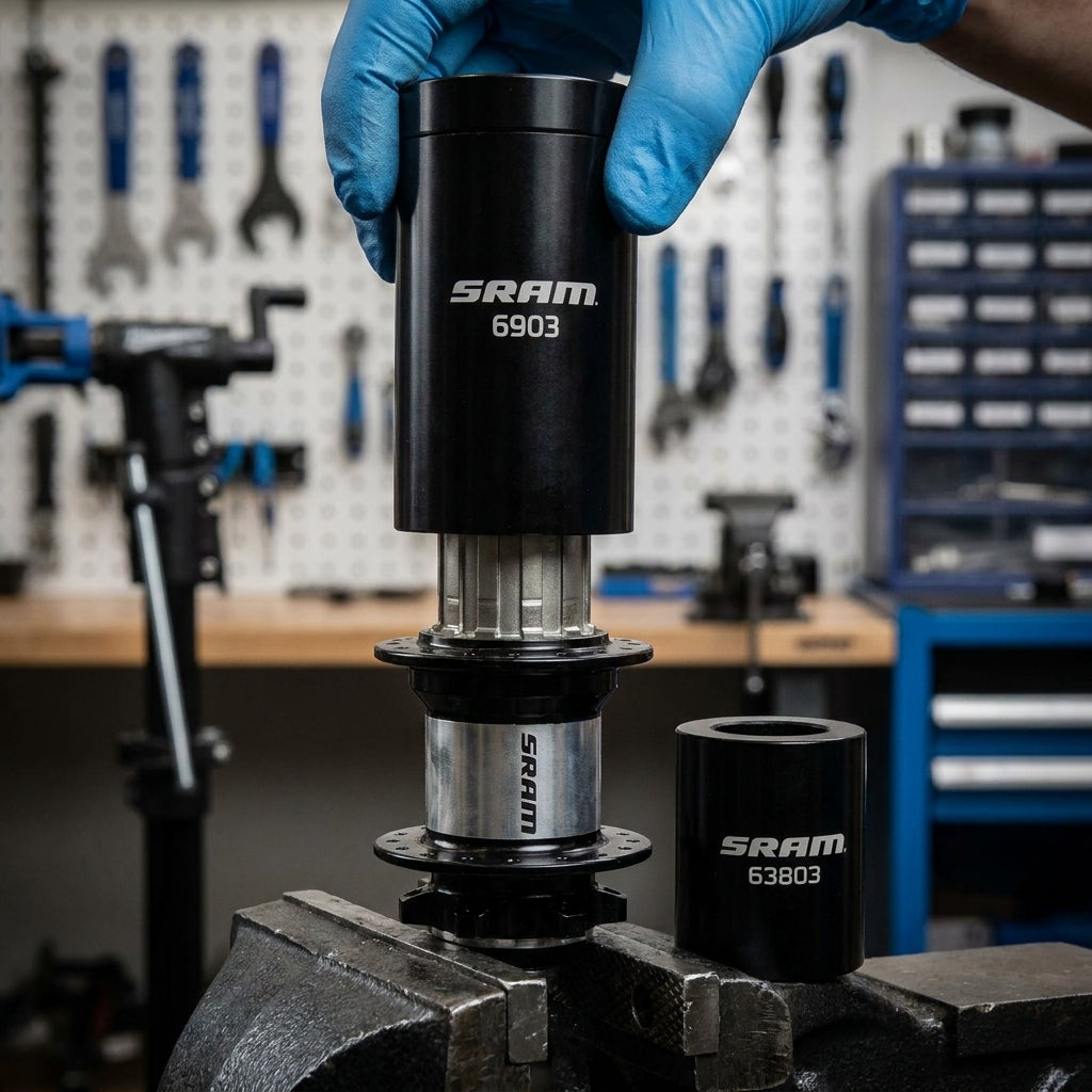 SRAM Lagerwerkzeug 6903/63803 L für präzises Einpressen von Hinterradlagern auf Werkbank.