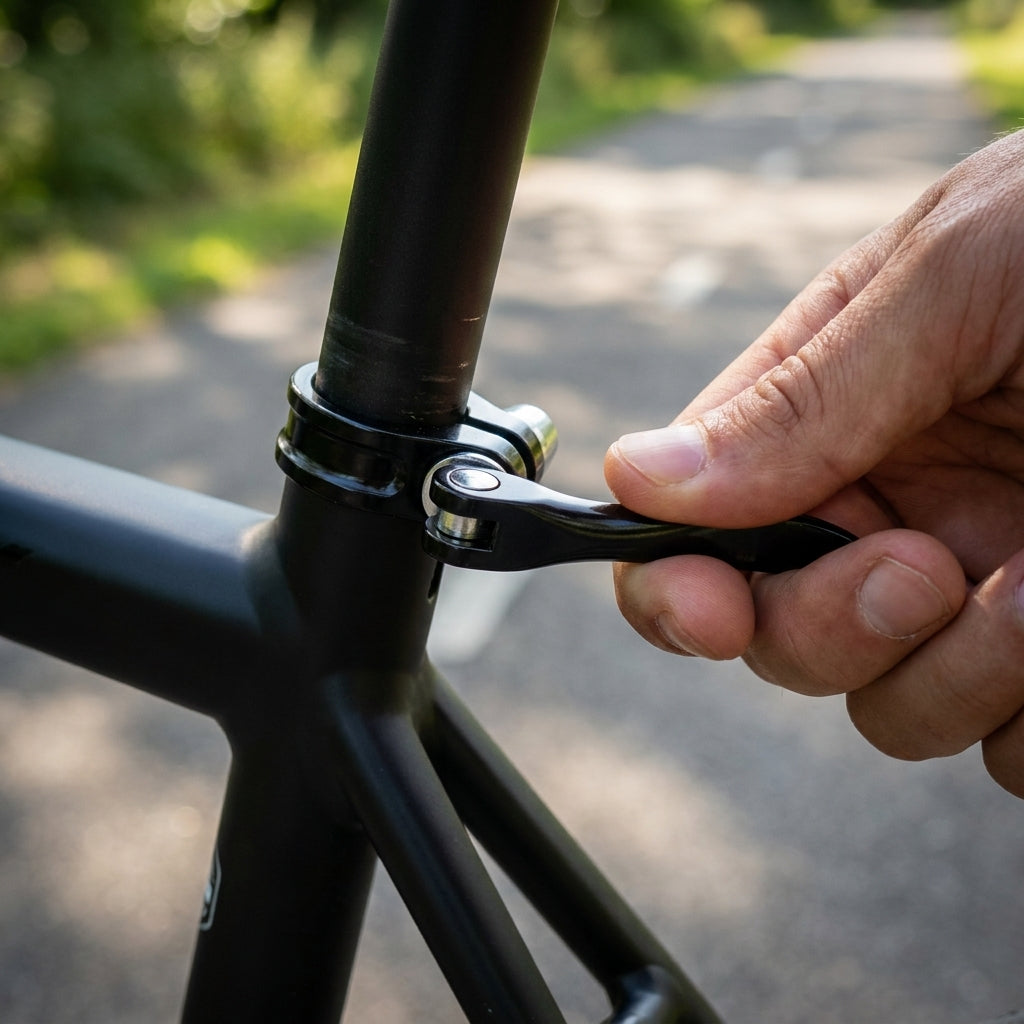 Hand betätigt schwarzen Sattelstütz-Schnellspanner mit Kippsystem an schwarzem Fahrrad.