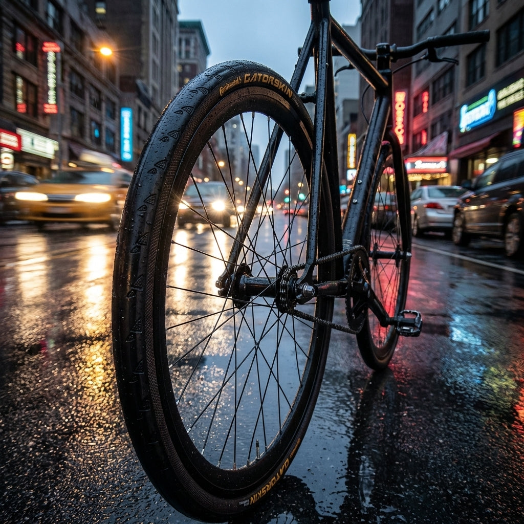 Continental Gatorskin Reifen 28x0.90 Zoll schwarz faltbar, am Rad auf nasser Straße in der Stadt.