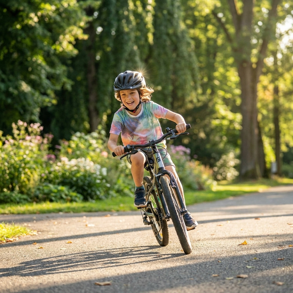 Lachendes Kind mit Cratoni Kinder-Fahrradhelm Pacer Jr. schwarz-grau matt fährt Fahrrad in der Sonne.