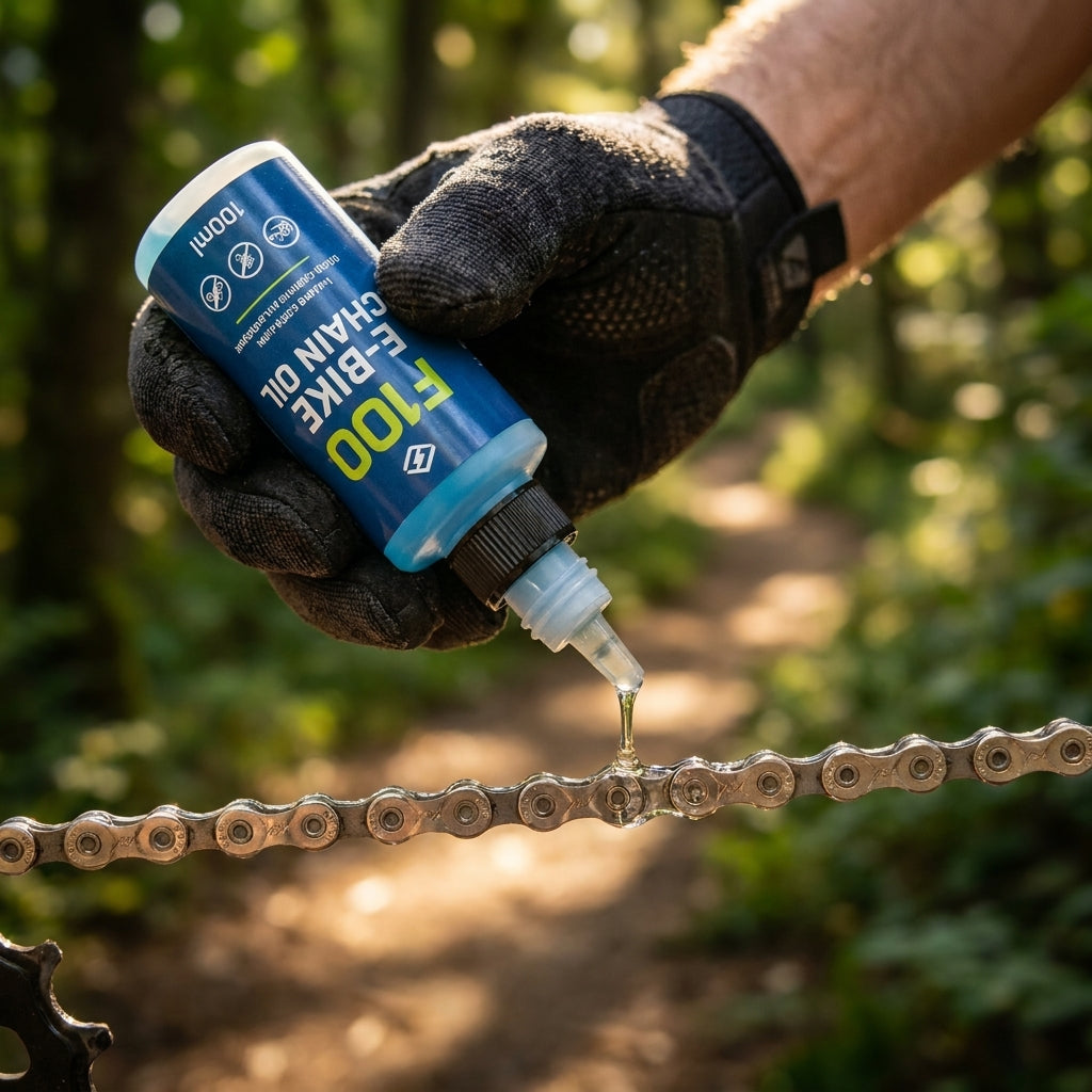 F100 E-Bike Kettenöl 100ml Tropfflasche. Höchster Verschleißschutz für E-Bike-Ketten, optimiert für lange Lebensdauer & präzises Schalten.