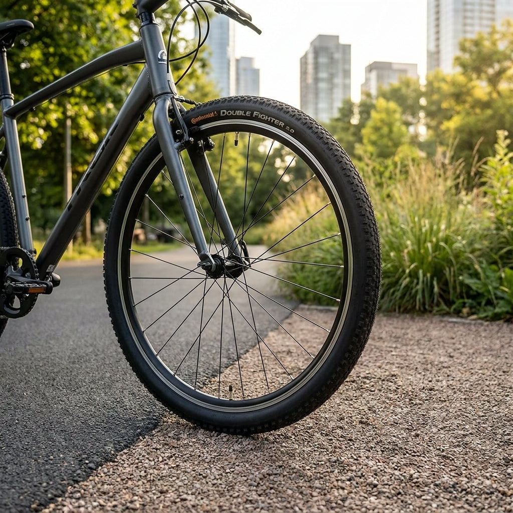 Schwarzer Continental Double Fighter III 28 Zoll Fahrradreifen auf einem Radweg mit Stadt im Hintergrund.