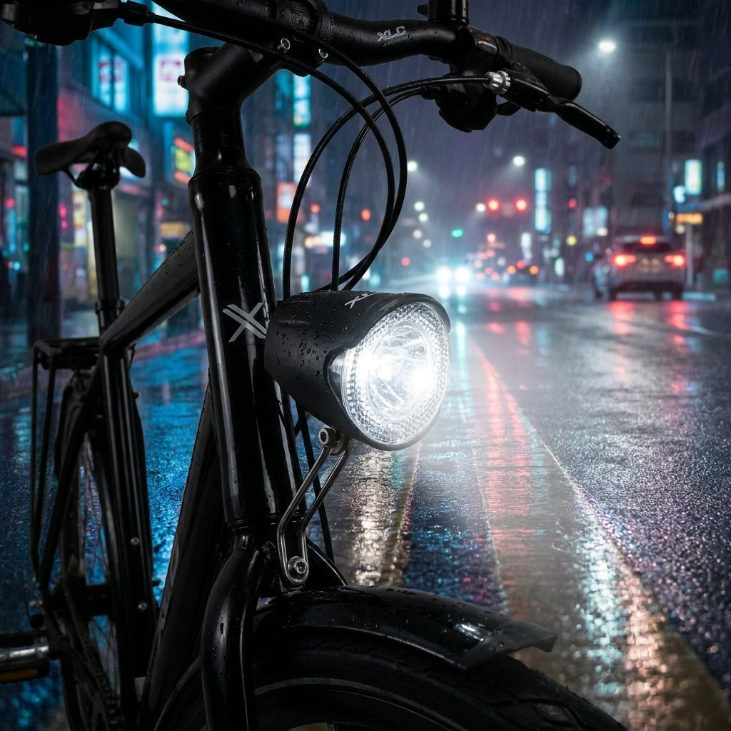 XLC CL-D02 LED-Scheinwerfer 20 Lux, schwarz, am Fahrrad im Regen bei Nacht, StVZO-zugelassen.