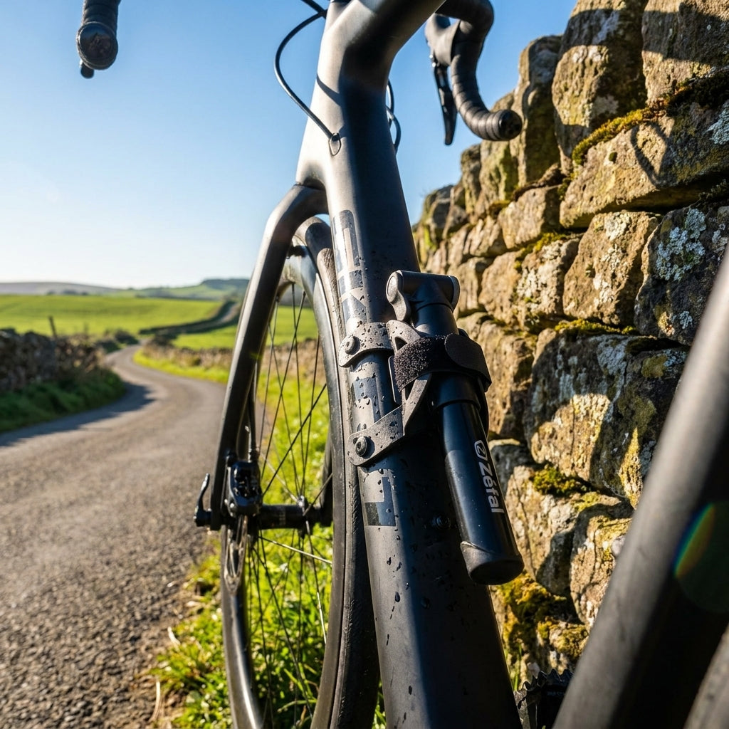 Zefal Fahrradpumpe AirProfil XLight/XL am schwarzen Fahrradrahmen befestigt, Landstraße im Hintergrund.