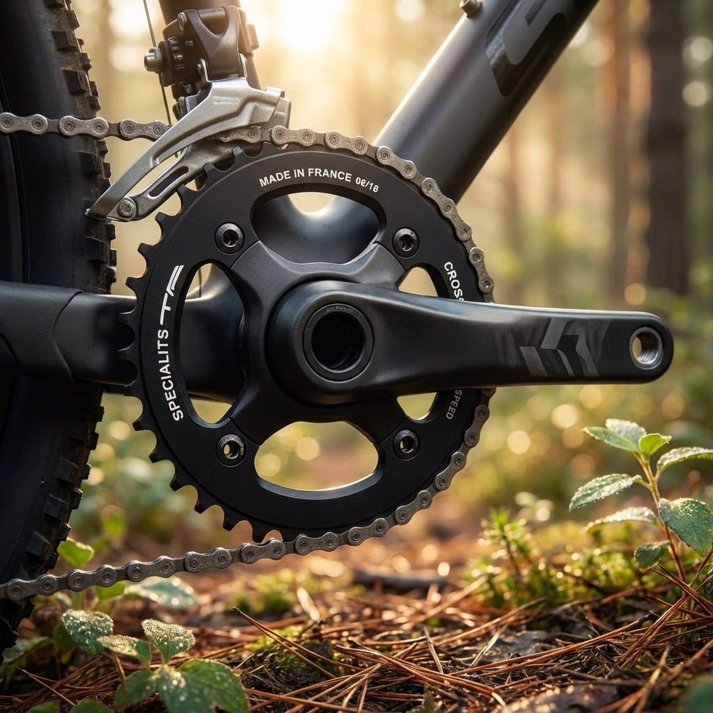 Schwarzes SPECIALITES TA Kettenblatt Cross 26Z auf Mountainbike-Kurbelgarnitur im sonnigen Wald.