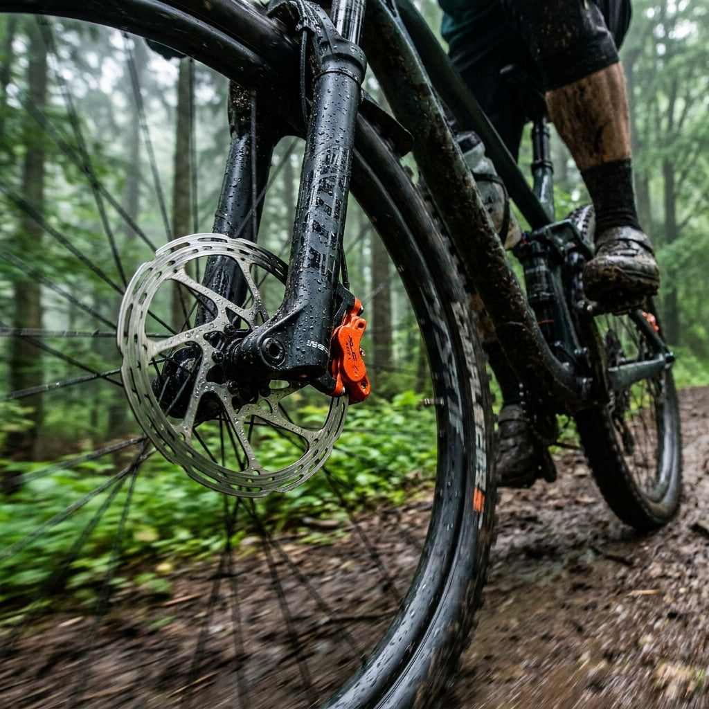 Mountainbike mit XLC Scheibenbremsbeläge BP-O16 Formula Oro und orangem Bremssattel fährt auf schlammigem Waldweg.