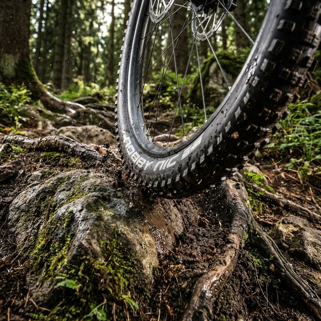 Schwalbe Nobby Nic 29 Zoll Mountainbike Reifen schwarz auf matschigem Waldweg mit Wurzeln und Felsen, Schmutz spritzt.