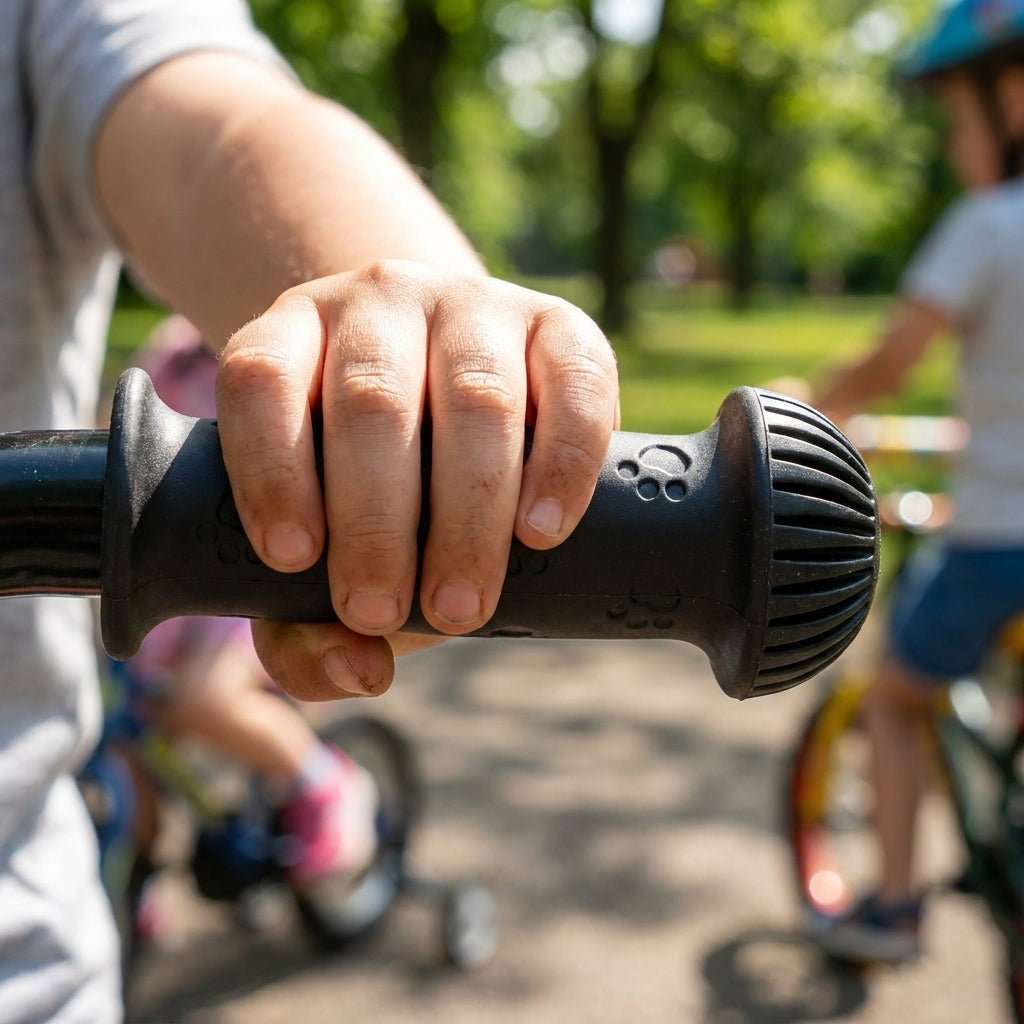 Widek Kindergriffe Basic, schwarz mit Katzenpfoten. Sichere Fahrradgriffe für Kinder mit Aufprallschutz. Ideal für jedes Kinderfahrrad.