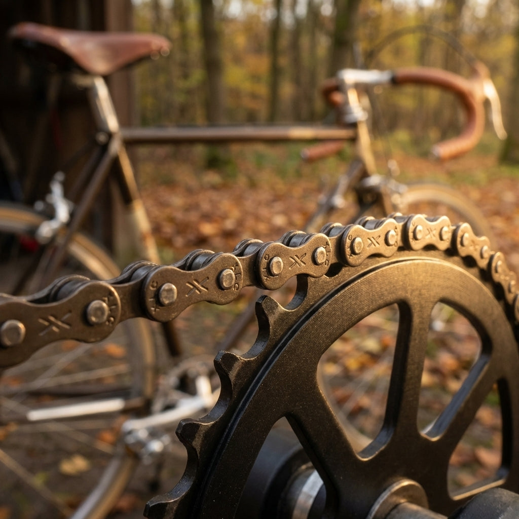 XLC Kette CC-C19 braun auf schwarzem Kettenblatt am Fahrrad im Herbstwald.