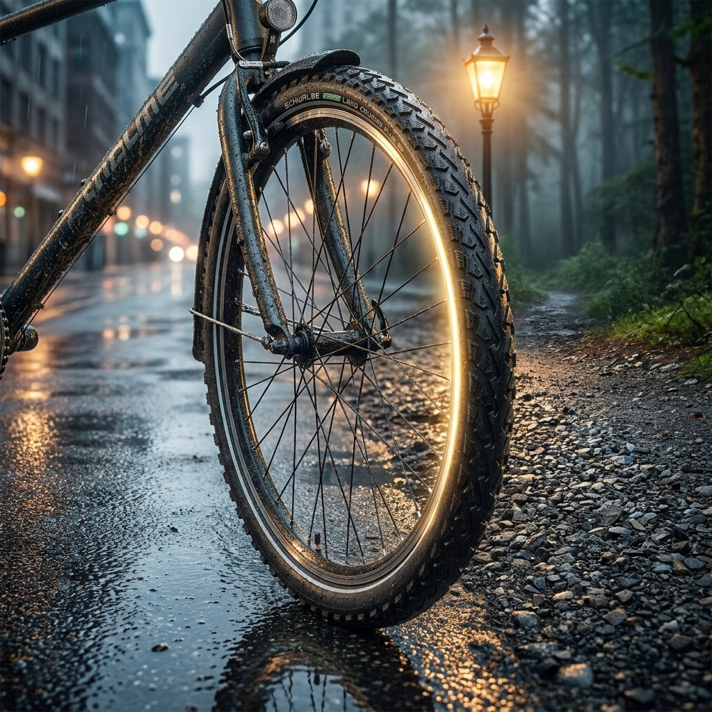 Fahrrad mit Schwalbe Land Cruiser Plus Reflex Reifen 28x1.40" auf nassem Asphalt und Kiesweg, beleuchtet.
