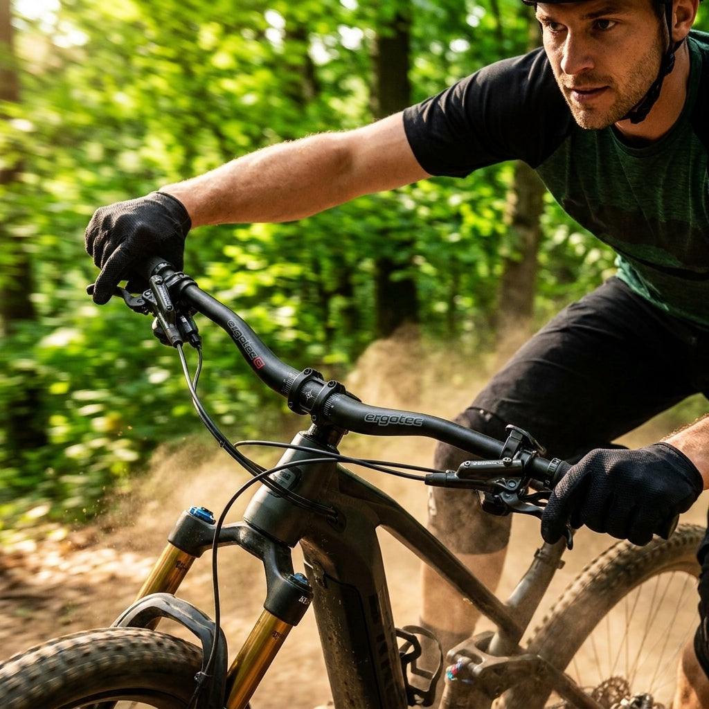 Mountainbiker fährt mit Ergotec Riser Bar 50 schwarzem MTB Lenker (Safety Level 6, komfortabel) durch den Wald.