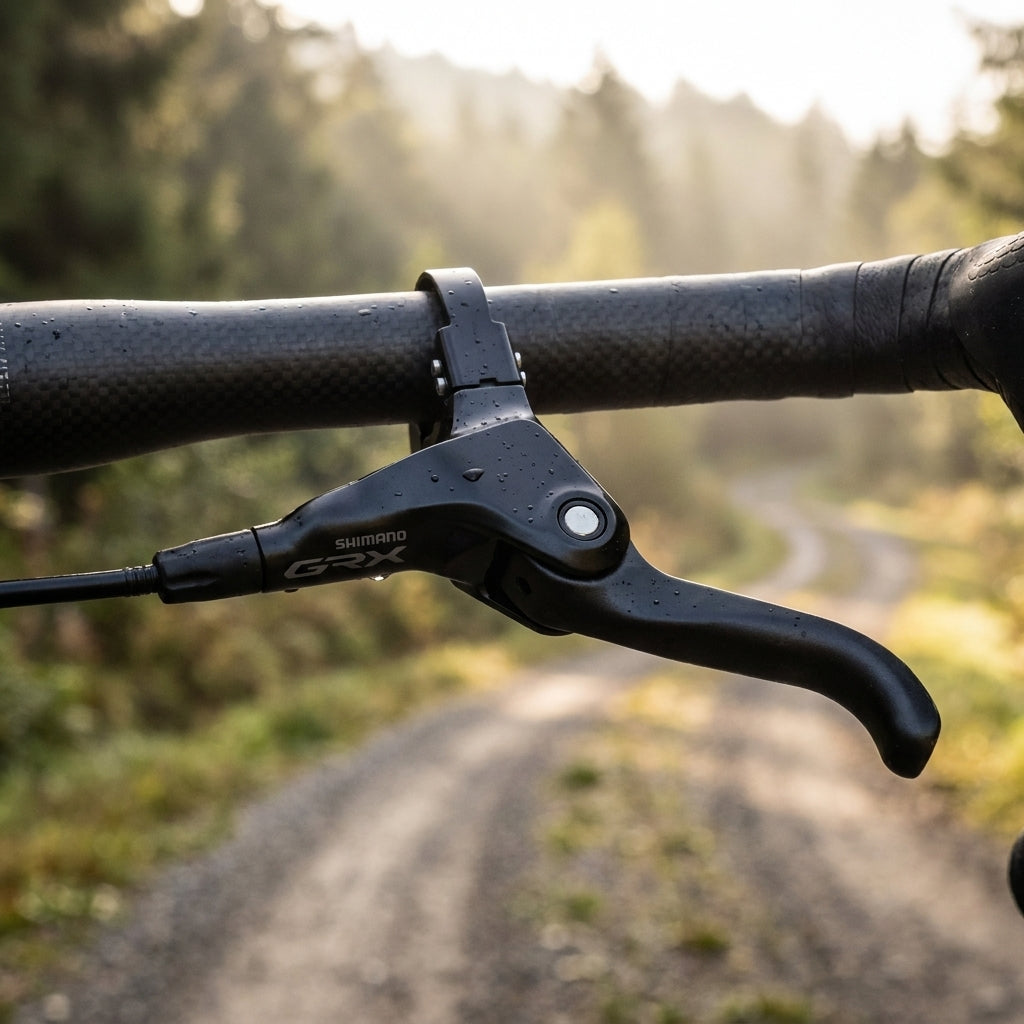 SHIMANO GRX BL-RX812 linker Bremshebel am nassen Fahrradlenker, Gravel-Weg im Wald.