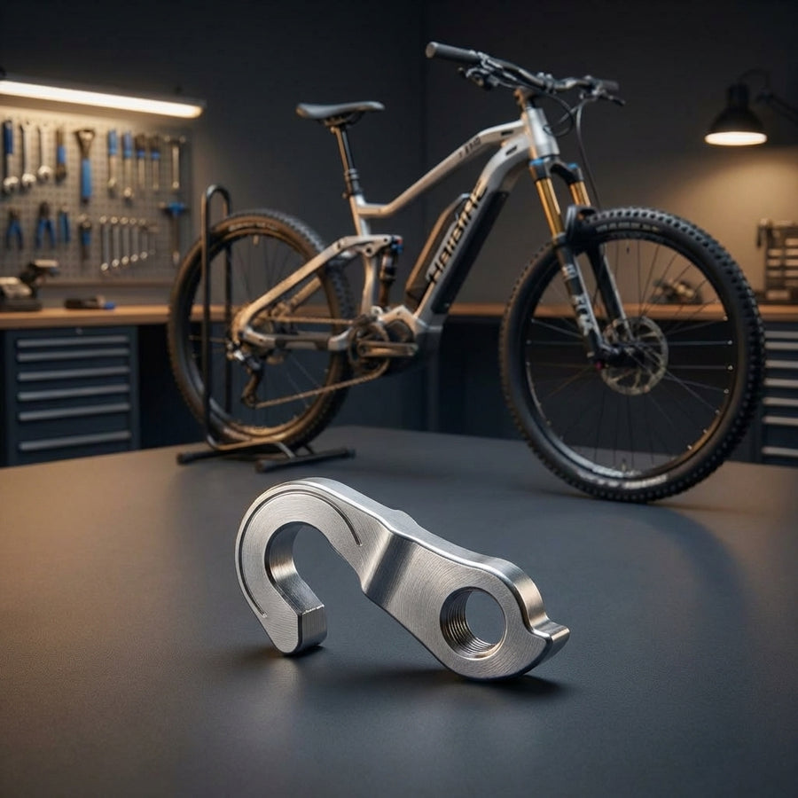 XLC Schaltauge DO-A100 für Haibike E-Bike Schnellspanner, vor Haibike XDURO/SDURO in Fahrradwerkstatt.