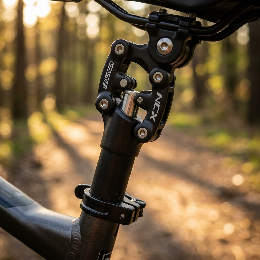 SR Suntour SP12-NCX Federsattelstütze schwarz mit Parallelogramm-System am Fahrrad im Wald.