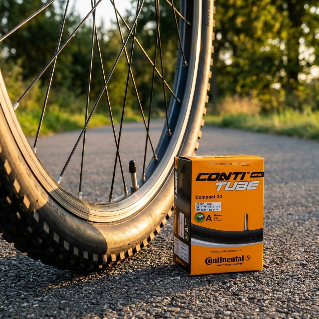 Continental Conti Compact 24 Fahrradschlauch 24x1.25-1.75Z AV 40mm Box neben platten 24 Zoll Reifen auf Asphaltweg.
