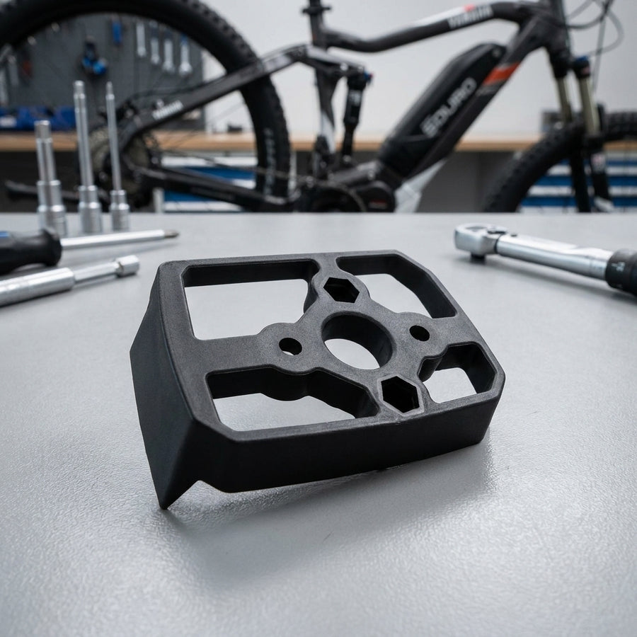 Yamaha Angle Shimano +9,75 2015 Akku-Montagewinkel auf Werkbank vor E-Bike und Werkzeug.