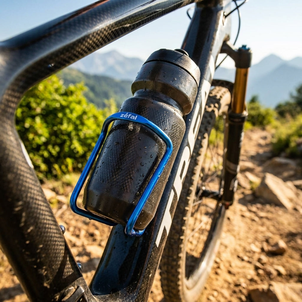Zefal blauer Trinkflaschenhalter am Carbon-Mountainbike mit schwarzer Flasche auf sonnigem Bergpfad.