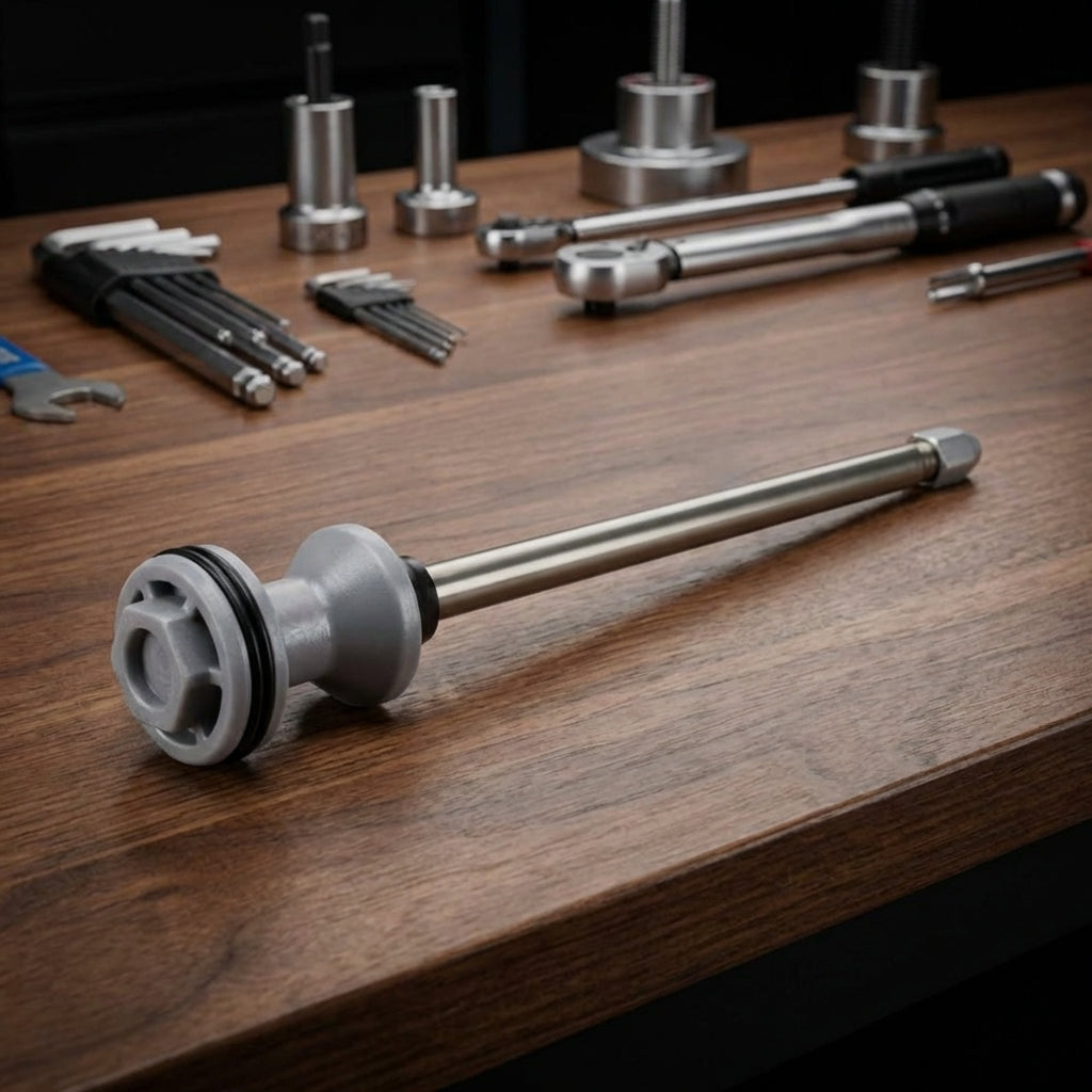 RockShox Federgabel AirShaft DA Domain B1+ 2022+ 150mm-27/29(38mm) auf Werkbank mit Werkzeugen.