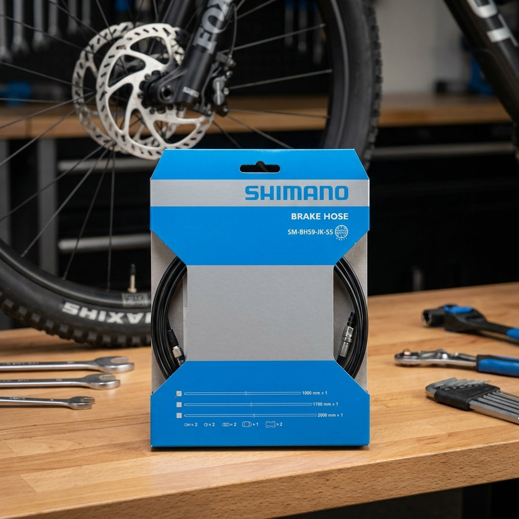 Shimano SM-BH59-JK 1000mm Bremsleitung für hydraulische Scheibenbremsen auf Werkbank, Fahrrad im Hintergrund.