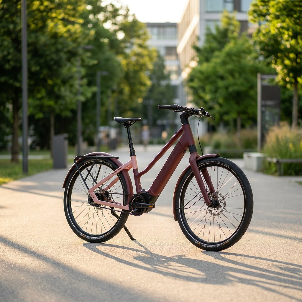 iRide Pure R5f E-Bike in Red Velvet/Rose Tan Matt. 5-Gang Nexus, 400Wh Akku. Urbanes Design, komfortable Fahrt.