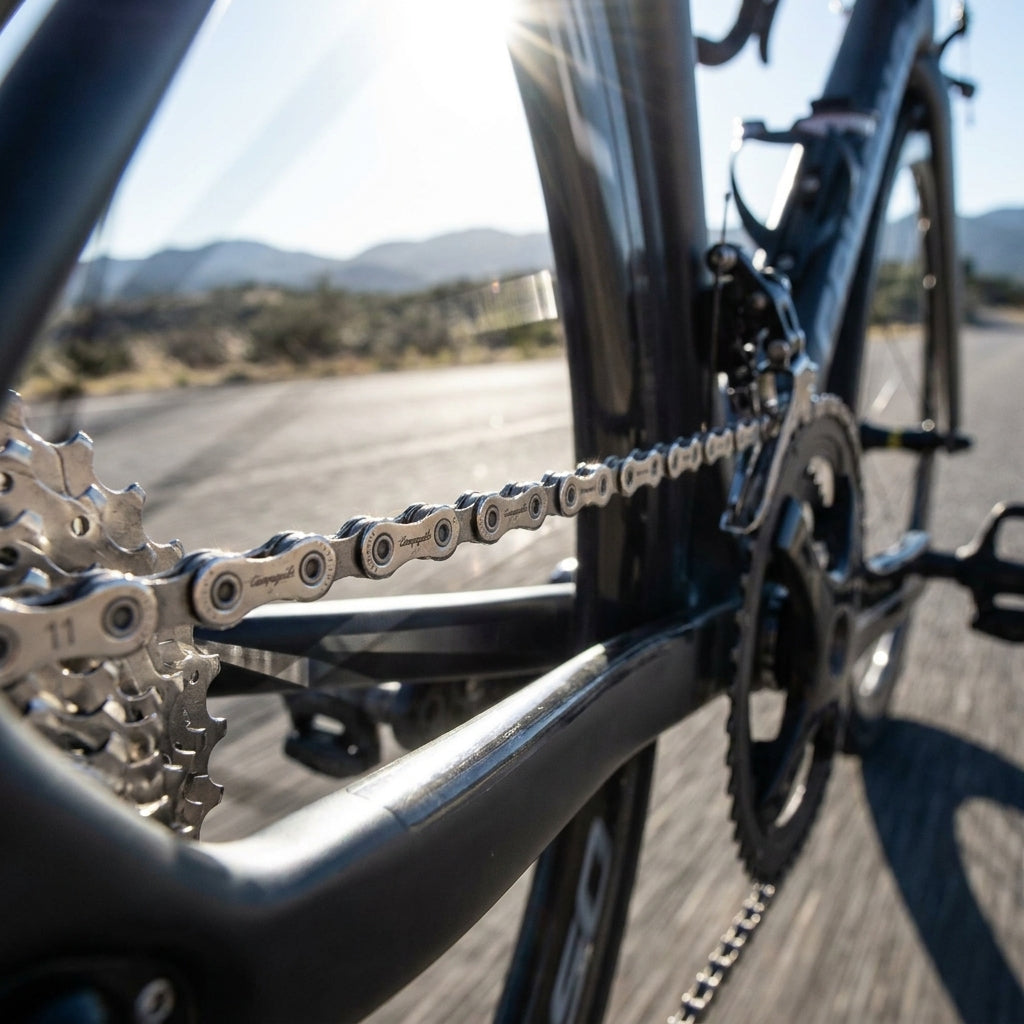 Detailansicht der Campagnolo 11-fach Kette CN17-1114, 114 Glieder am Rennrad in Fahrt.