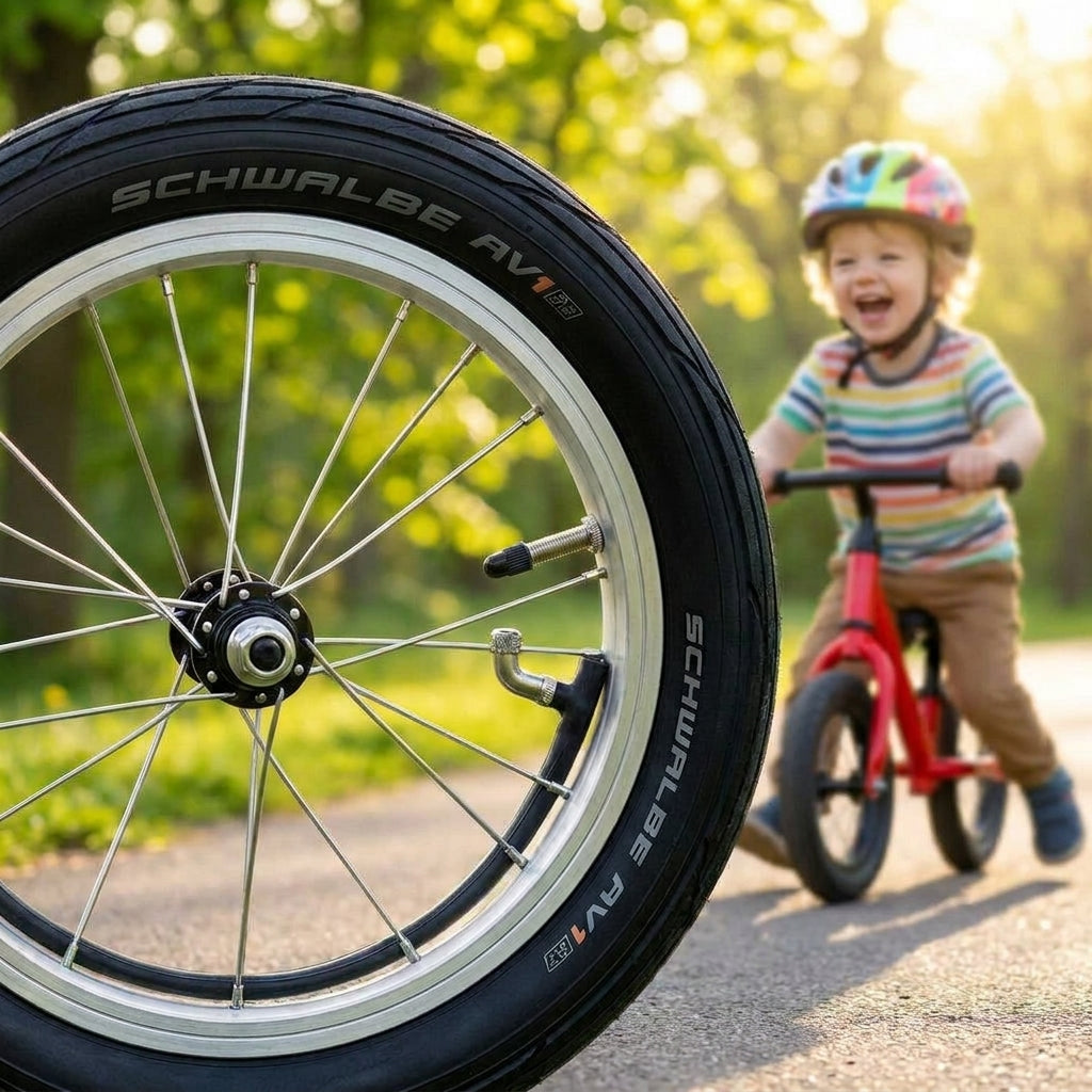 Schwalbe Schlauch AV1 für 12 Zoll Kinderfahrrad und Laufrad mit 45 Grad Autoventil. Hochwertiger Butylschlauch.