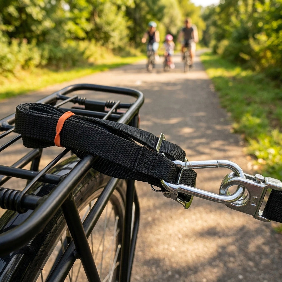 FollowMe Aufhängeriemen mit Karabinerhaken für sichere Fahrradkupplungs-Befestigung an Gepäckträger oder Sattel. Praktisches Zubehör.