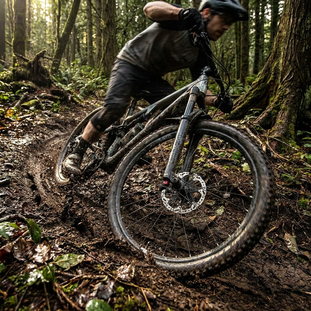 Voxom Scheibenbremsbeläge Avid Sram X.0 Trail Guide am Mountainbike im Schlamm, für beste Bremskraft.