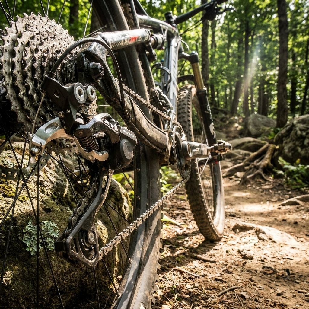 SHIMANO DEORE XT RD-M786 10-fach Lang Direktmontage Schaltwerk am Mountainbike auf Waldweg.