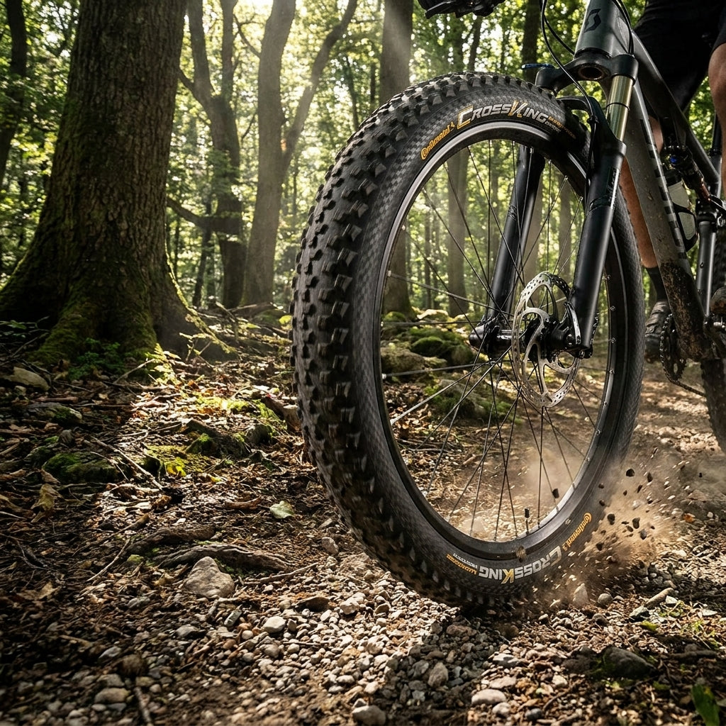 Continental Conti Cross King Mountainbike-Reifen auf Waldweg, Staub und Steine aufwirbelnd.