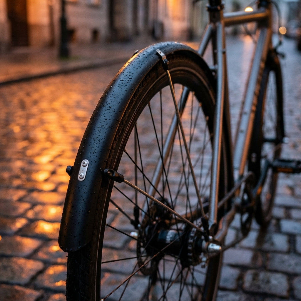 Stronglight R´Light Aluminium Schutzblechset matt schwarz 48mm am 28" Fahrradrad, mit Regentropfen auf nasser Straße.
