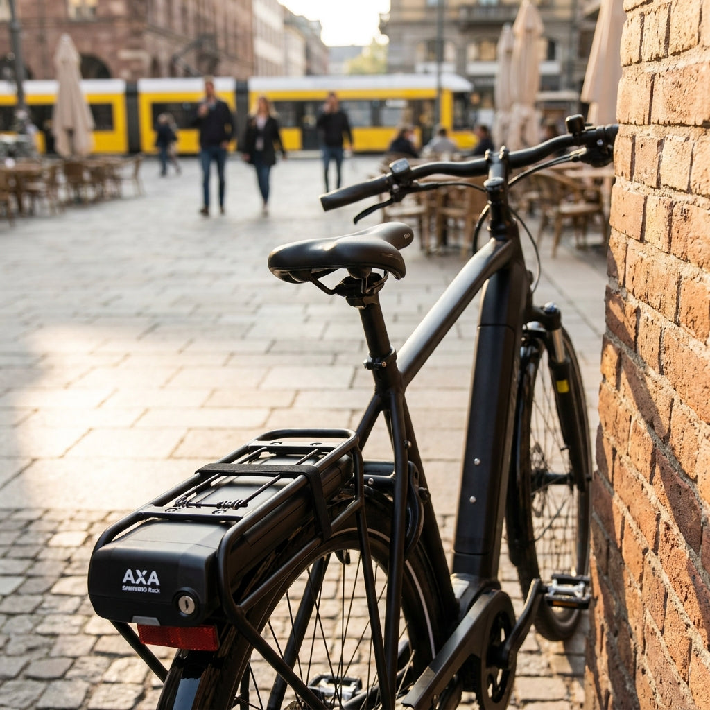 AXA SHIMANO Rack Akkuschloss schwarz. Zuverlässiger Diebstahlschutz für Ihren E-Bike Akku. Sichert Ihre Investition effektiv.