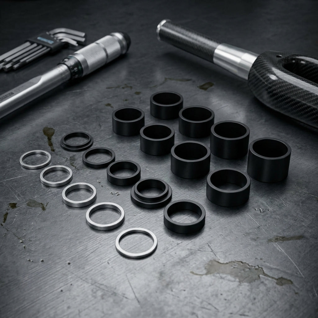 Ergotec Spacer-Box: Schwarze 1 1/8" Fahrrad-Spacer in verschiedenen Stärken auf Werkbank.