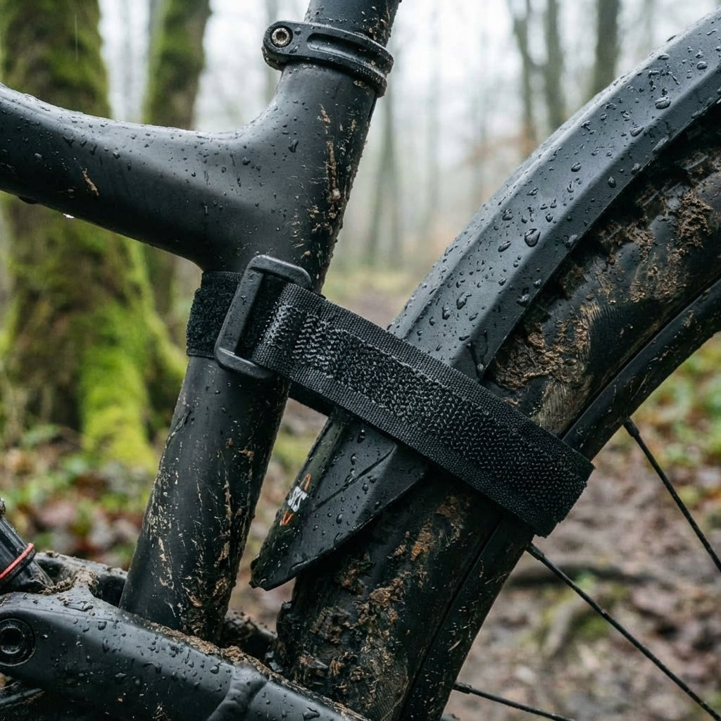 SKS Klettband sichert Schutzblech an matschigem Mountainbike. Gummiertes Ersatz-Klettband für VeloFlexx, Mudrocker, Speedrock