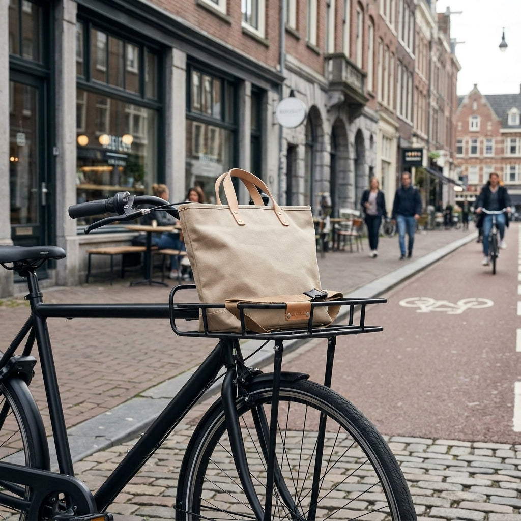 Basil Gepäckträger Portland VR Alu schwarz am Fahrrad mit beiger Tasche in der Stadt.