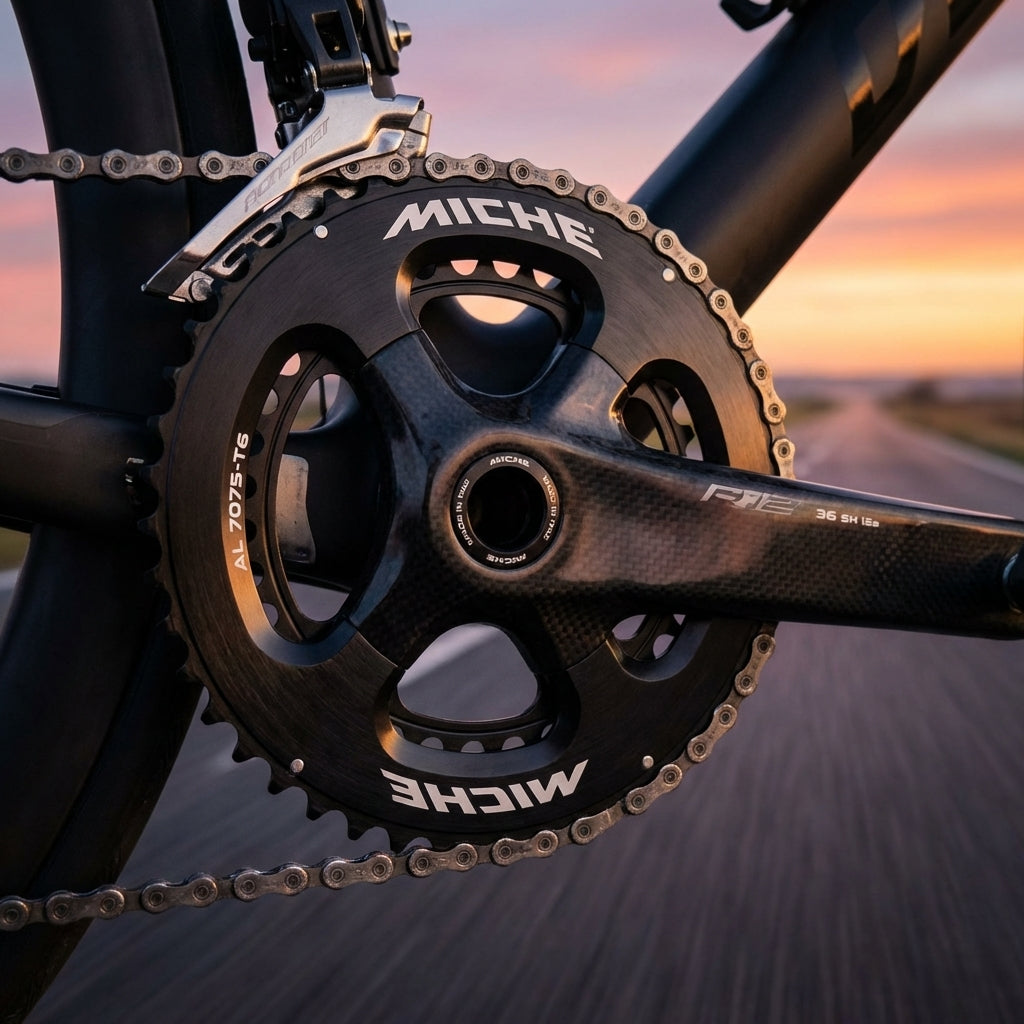 Miche UTG R81/R71 12s Kettenblatt 7075-T6 Aluminium am Rennrad. Nahaufnahme des Antriebs bei Sonnenuntergang.